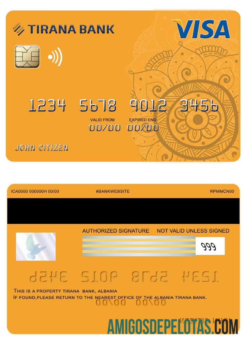 Cartão Visa do Banco Tirana da Albânia exemplo